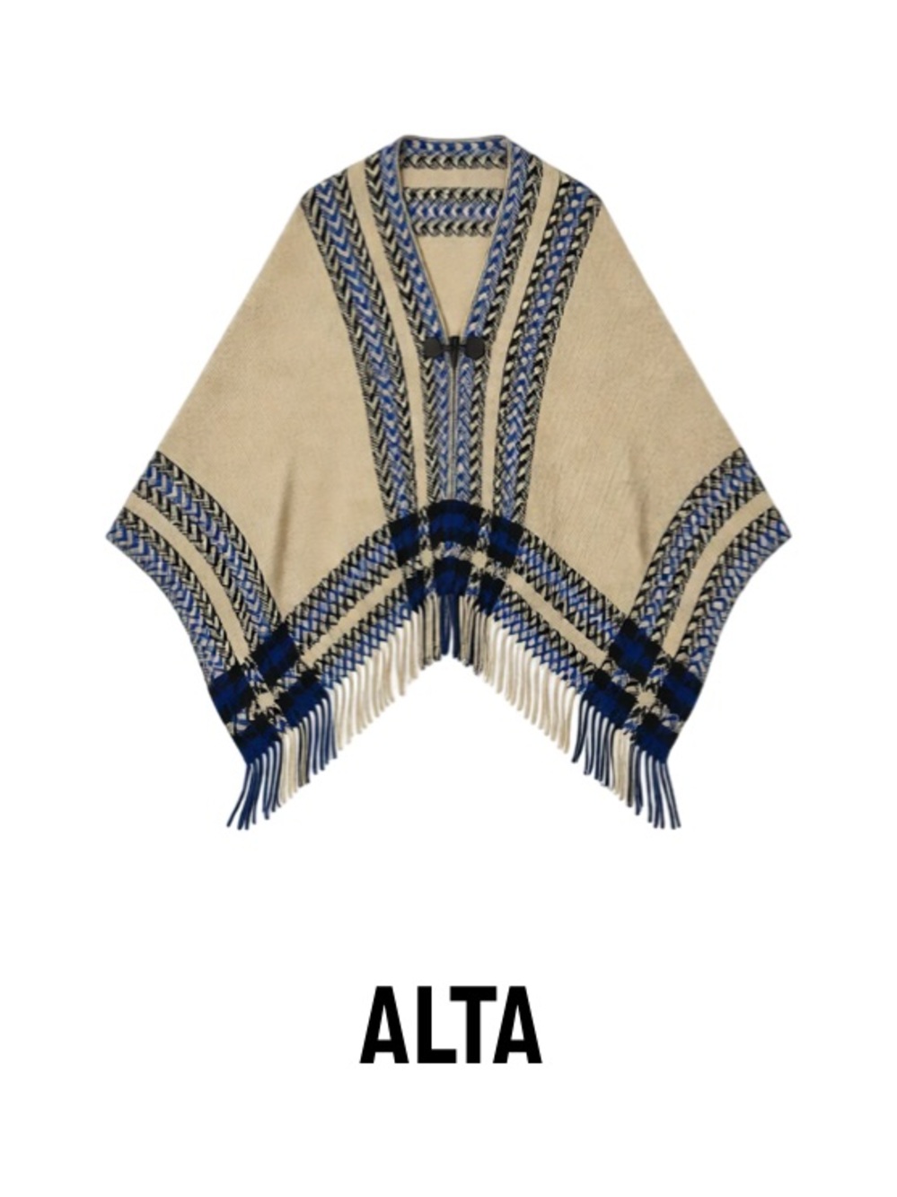 Kids Beige & Blue Fringe Poncho